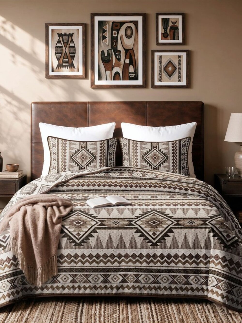 Reversible Brown Boho Twin Quilt Set, 2-Piece Bohemian Aztec Microfiber
